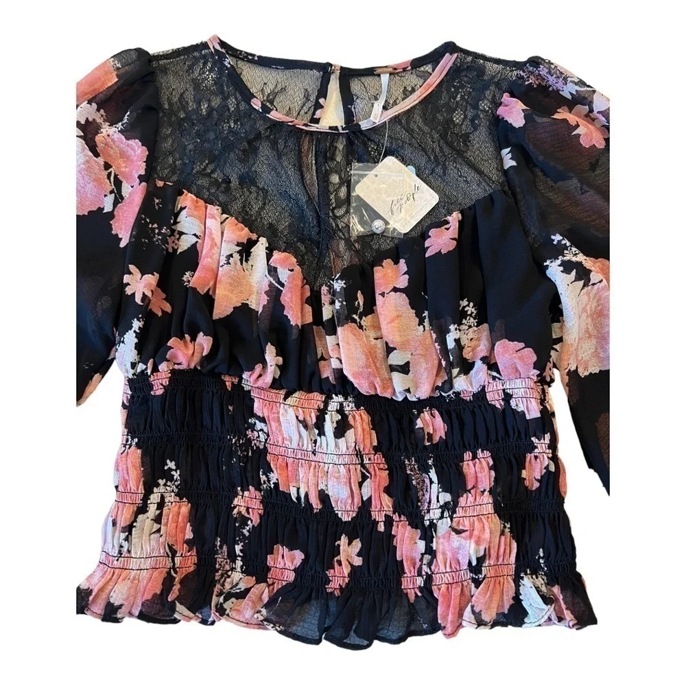 Free People Daphne Black Pink Lace Bell Sleeve Smocked Crop Whimsigoth NEW
